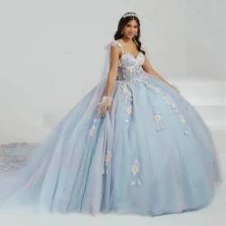 2024 Blue Quinceanera Dress Ball Gown Spaghetti With Flowers Appliques Beaded Sweet 15 Dress Vestidos