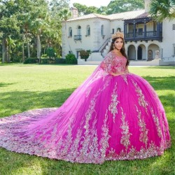 2024 Pink Quinceanera Dresses Gold Lace Appliques Mexican Ball Gown Prom Party Dress Vestidos Butantes 15 anos