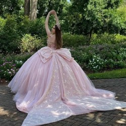 2024 Pink Shiny Princess Beaded Crystal Tull Ball Gown Quinceanera Dress With Big Bow Corset Vestido De 15 Anos