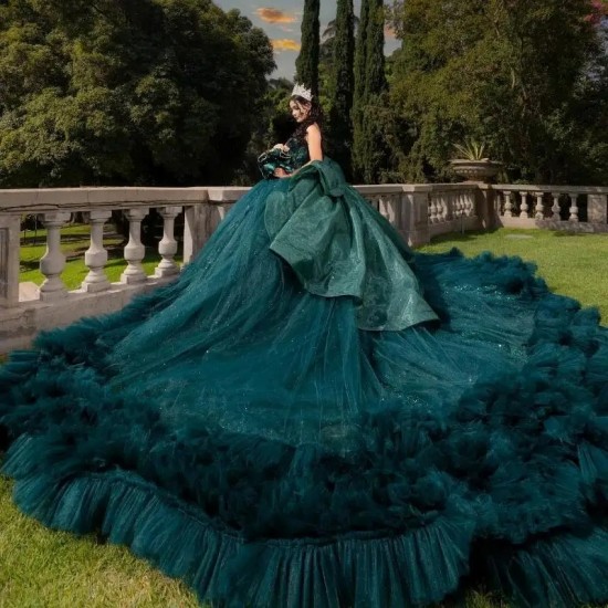 Blackish Green Ball Gown Quinceanera Dress Ruffle Beads Lace Princess Mexico Sweet 16 Dress 15 Birthday Vestidos De XV Años Miss