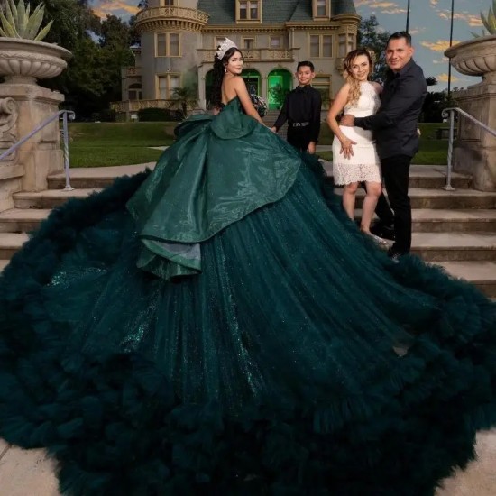 Blackish Green Ball Gown Quinceanera Dress Ruffle Beads Lace Princess Mexico Sweet 16 Dress 15 Birthday Vestidos De XV Años Miss