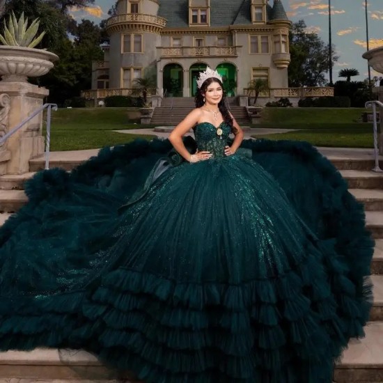 Blackish Green Ball Gown Quinceanera Dress Ruffle Beads Lace Princess Mexico Sweet 16 Dress 15 Birthday Vestidos De XV Años Miss