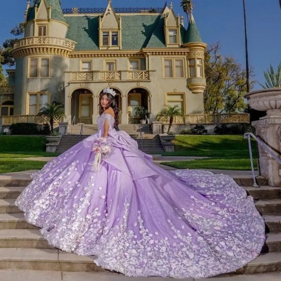 Glitter Lavender Quinceanera Prom Dresses Appliques 3D Flower Beads Princess Off The Shoulder Sweet 16 Dress Vestidos De 15 Años