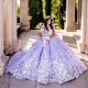 Glitter Lavender Quinceanera Prom Dresses Appliques 3D Flower Beads Princess Off The Shoulder Sweet 16 Dress Vestidos De 15 Años