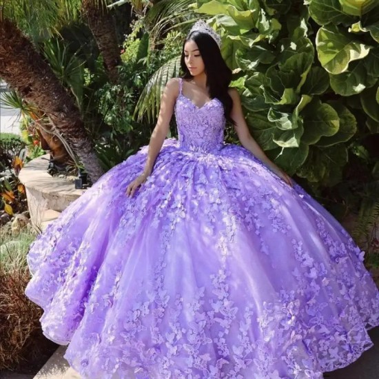 Glitter Lilac Quinceanera Dress Ball Gown Butterfly Applique Beaded Mexico Corset Sweet 16 Vestidos De 15 Anos