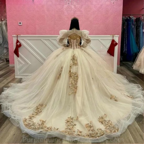 Illusion Champagne Beading 3D Flowers Ball Gown Quinceanera Dresses With Jacket Appliques Lace Corset Vestidos De 15 Anos