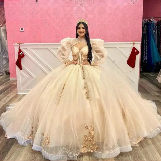 Illusion Champagne Beading 3D Flowers Ball Gown Quinceanera Dresses With Jacket Appliques Lace Corset Vestidos De 15 Anos