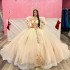 Illusion Champagne Beading 3D Flowers Ball Gown Quinceanera Dresses With Jacket Appliques Lace Corset Vestidos De 15 Anos