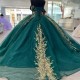 Lace Emerald Green Ball Gown Quinceanera Dress Gold Applique Beads Pageant Sweet 16 Dress Vestidos