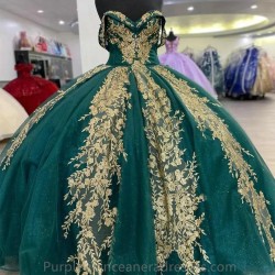 Lace Emerald Green Ball Gown Quinceanera Dress Gold Applique Beads Pageant Sweet 16 Dress Vestidos