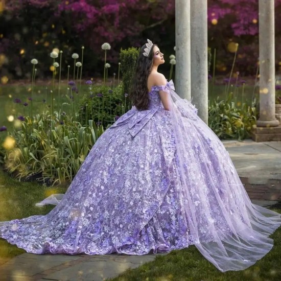 Luxury Lavender Shiny Quinceanera Dressess 2024 With Cape Applique Lace Beads Ball Gowns Sweet 16 Dress Vestidos De 15 Años