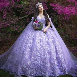 Luxury Lavender Shiny Quinceanera Dressess 2024 With Cape Applique Lace Beads Ball Gowns Sweet 16 Dress Vestidos De 15 Años