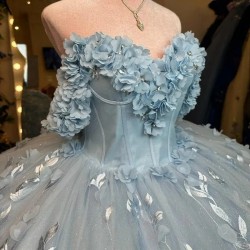 Luxury Sky Blue Quinceanera Dresses Lace Appliqued Crystal Tull Ball Gown Vestidos 15 De Quinceañera Sweetheart Sweet 16