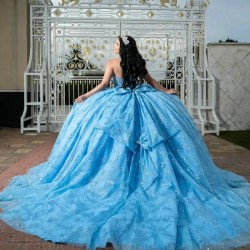 Mexican Sky Blue Quinceanera Dresses Ball Gown Beaded Lace Appliques Bow Sweet 16 Dress Princess Lace Up Vestido De 15 Anos