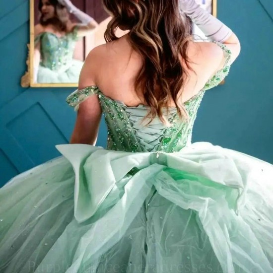 Sweetheart Mint Green Ball Gown Quinceanera Dresses Beads Crystal Tull Off the Shoulder Sweet 16 Vestido De 15 Anos