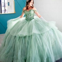 Sweetheart Mint Green Ball Gown Quinceanera Dresses Beads Crystal Tull Off the Shoulder Sweet 16 Vestido De 15 Anos