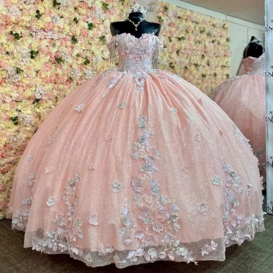 Off The Shoulder Pink Shiny Princess Quinceanera Dresses Ball Gown Tulle Appliques Beads Sweet 16 Dresses 15 Años Mexican