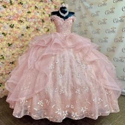 Off the Shoulder Pink Quinceanera Dresses Cathedral Train Princess Corset Appliques Lace Beads Vestidos De 15 Años