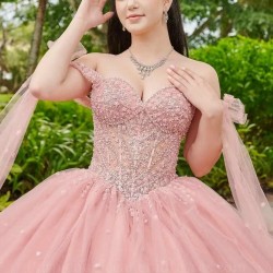 Sweetheart Pink Quinceanera Dresses With Cape Ball Gown Beading Crystal Tulle Party Princess Sweet 16 Dress vestidos de 15