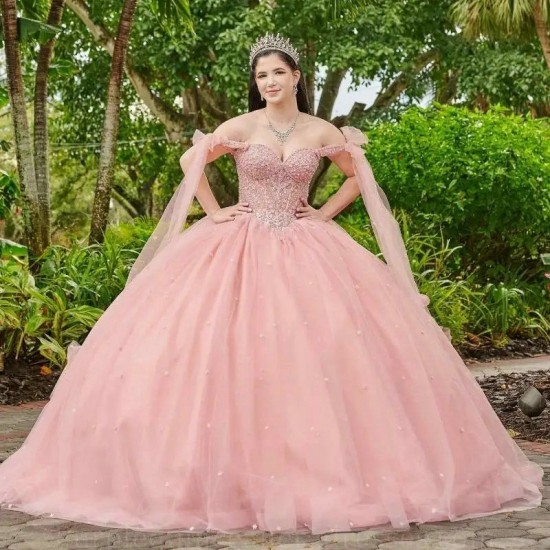 Sweetheart Pink Quinceanera Dresses With Cape Ball Gown Beading Crystal Tulle Party Princess Sweet 16 Dress vestidos de 15