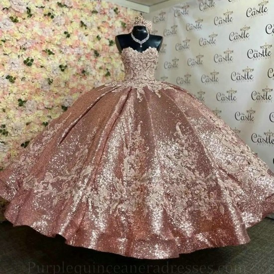 Birthday Party Elegant Rose Gold Quinceanera Dresses Appliques Crystal Sequine Shiny Tulle Evening Prom Dresses for Women Ball