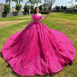 2024 Hot Pink Quinceanera Dresses Luxury Crystal Tassel Corset Lace-up vestidos de xv años Sweet 15 Gown