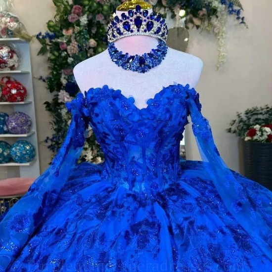 Off-Shoulder Royal Blue Quinceanera Dresses Ball Gown 2024 Classic Applique Lace Tull Sweet 16 Dress Vestidos 15 De