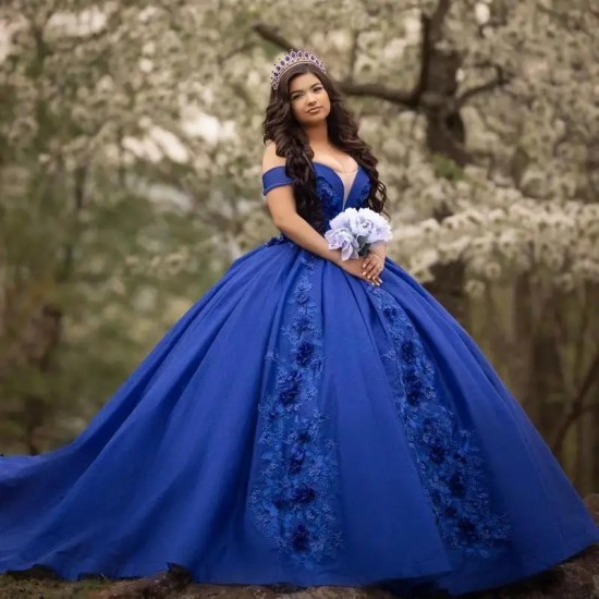 Handmade Flowers Royal Blue Quinceanera Dress For Sweet Girl Sequined Beaded Graduatin Party Prom Dress vestidos de 15 años