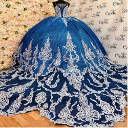 Spaghetti Strap Navy Blue Beaded Quinceanera Dresses Cathedral Train Princess Corset Appliques Lace Vestidos De 15 Años