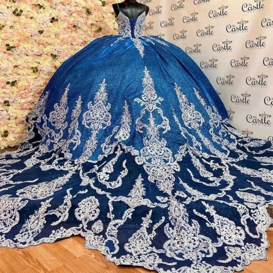 Spaghetti Strap Navy Blue Beaded Quinceanera Dresses Cathedral Train Princess Corset Appliques Lace Vestidos De 15 Años