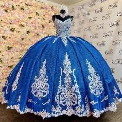 Spaghetti Strap Navy Blue Beaded Quinceanera Dresses Cathedral Train Princess Corset Appliques Lace Vestidos De 15 Años