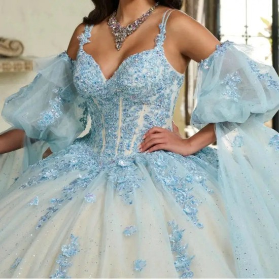 Shiny Blue Quinceanera Dress Ball Gown 3D Floral Applique Beading Crystal Puffy Sleeve Sweet 16 Vestido De 15 Anos