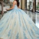 Shiny Blue Quinceanera Dress Ball Gown 3D Floral Applique Beading Crystal Puffy Sleeve Sweet 16 Vestido De 15 Anos