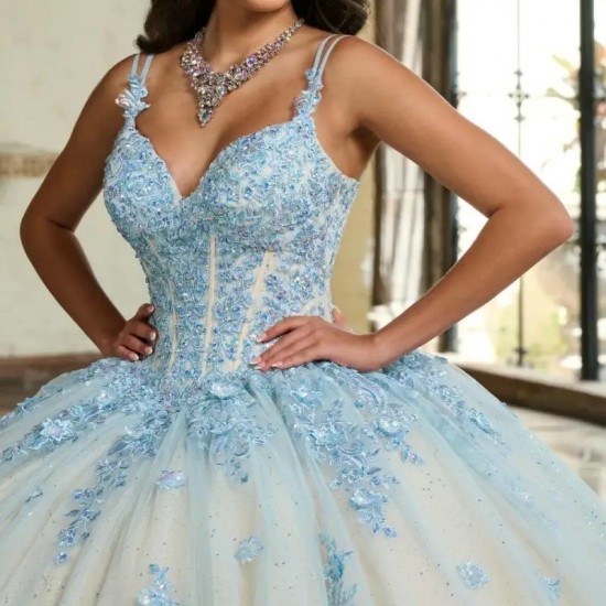 Shiny Blue Quinceanera Dress Ball Gown 3D Floral Applique Beading Crystal Puffy Sleeve Sweet 16 Vestido De 15 Anos