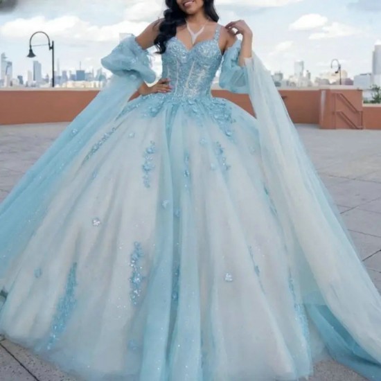 Shiny Blue Quinceanera Dress Ball Gown 3D Floral Applique Beading Crystal Puffy Sleeve Sweet 16 Vestido De 15 Anos