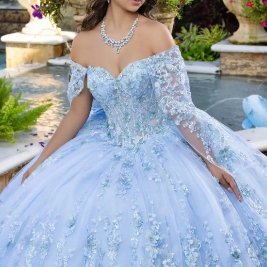 Off The Shoulder Sky Blue Quinceanera Dress Ball Gown Lace Applique Beading Corset Sweet 16 Vestido 15 De Años