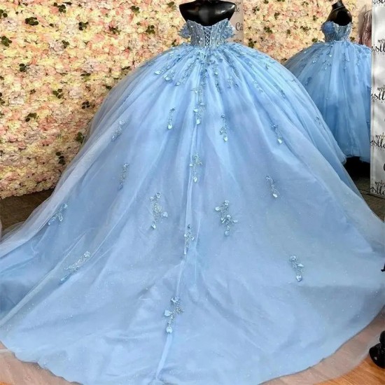 Off The Shoulder Sky Blue Quinceanera Dresses Ball Gown Applique Lace Beads Floral Sweet 16 Dresses 15 Años