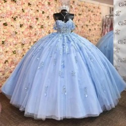 Off The Shoulder Sky Blue Quinceanera Dresses Ball Gown Applique Lace Beads Floral Sweet 16 Dresses 15 Años