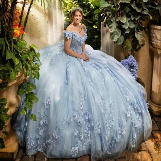 Sky Blue V Neck Ball Gown Quinceanera Dresses Off The Shoulder Appliques Lace Flowers Vestido De 15 Anos Sweet 16