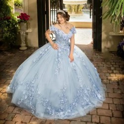 Sky Blue V Neck Ball Gown Quinceanera Dresses Off The Shoulder Appliques Lace Flowers Vestido De 15 Anos Sweet 16