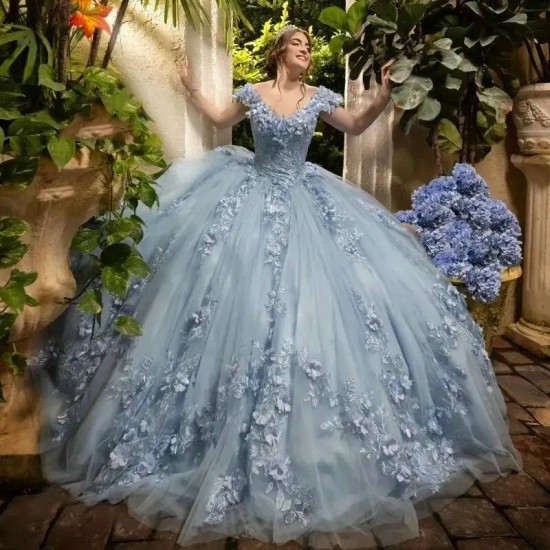 Sky Blue V Neck Ball Gown Quinceanera Dresses Off The Shoulder Appliques Lace Flowers Vestido De 15 Anos Sweet 16