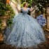 Sky Blue V Neck Ball Gown Quinceanera Dresses Off The Shoulder Appliques Lace Flowers Vestido De 15 Anos Sweet 16