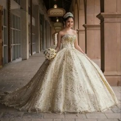 Sparkling Gold Quinceanera Dresses 2024 Vestidos De 15 Quinceanera Sweetheart Applique Sweet 16 Birthday Ball Gown Prom Dress