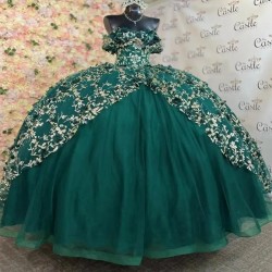 Sparkly Princess Green Off Shoulder Quinceanera Dresses Sweetheart Gold Lace Applique Sweet 16 Ball Gown Vestidos De 15 Años