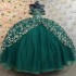 Sparkly Princess Green Off Shoulder Quinceanera Dresses Sweetheart Gold Lace Applique Sweet 16 Ball Gown Vestidos De 15 Años