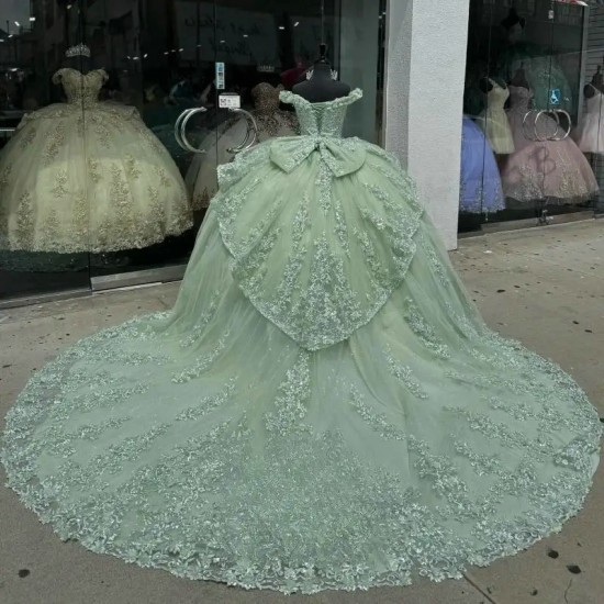 Stylish Ball Gowns Quinceanera Dresses Off the Shoulder Appliques Layered with Bowknot Lace up Draped 15 Anos Vestido