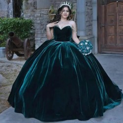 Velvet Green Quinceanera Dresses 2024 Sweet 15 16 Birthday Party Gown Vestidos Para XV Off Shoulder Princess Long Pageant Miss