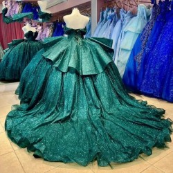 Vestidos De 15 Green Quinceanera Dress Off Shoulder Sweet 15 Dress Glittery Tulle Prom Party Dress for Women