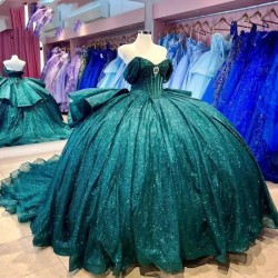 Vestidos De 15 Green Quinceanera Dress Off Shoulder Sweet 15 Dress Glittery Tulle Prom Party Dress for Women