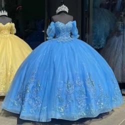 Yellow Princess Quinceanera Dresses 2024 Deep V Neck Beading Crystal Ball Gown Sweet 16 Dress Vestidos De 15 Anos